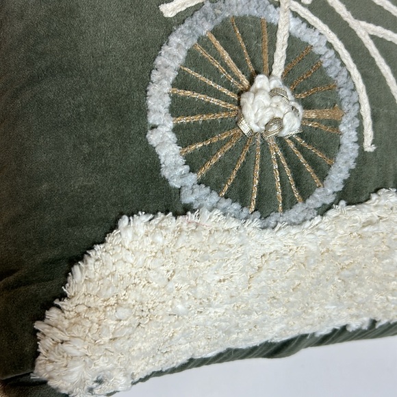 Green Velvet Merry Christmas Embroidered Pillow Gift Bike Metallic Floral - Picture 6 of 15